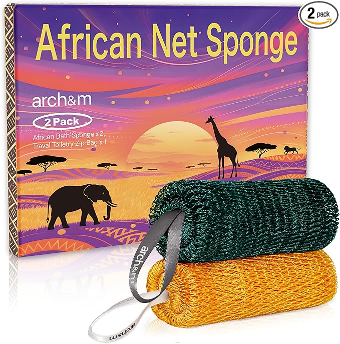African Exfoliating Net Sponge Afroscrub - Authentic African Net Sponge with Knots Exfoliating Wash Cloths for Body Scrubber Back Scrub Exfoliator for Shower Bath Forest Green + Golden by ARCH&M