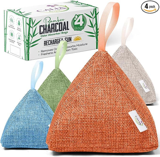 4 Pack Bamboo Charcoal Air Purifier Bags 200 Grams Each - Activated Charcoal Odor Absorber for Car, Pets & Closet - Natural Freshener for Home, Eco-Friendly & Reusable Charcoal Bags (Fresh Colors)