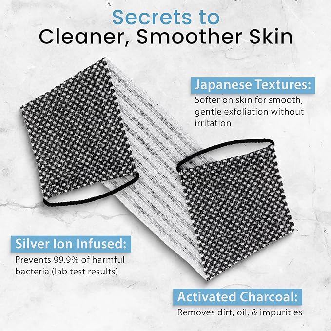 Japanese Exfoliating Washcloth for Back & Body 2-Pack - Charcoal & Silver Ion Exfoliating Towel with Handles - Two-Sided Gentle Exfoliation & Deep Cleanse Body Wash Cloths for Shower - 2 White