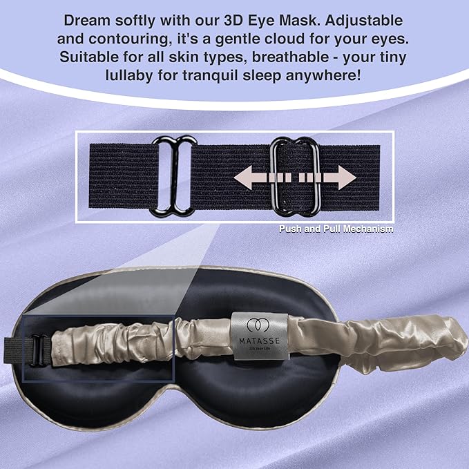 MATASSE Silk Eye Mask for Sleeping with Adjustable Elastic Band - 3D Contoured, Eye Cover Sleep Mask w/Genuine Mulberry Silk Including The Strap for Women, Men (Champagne/Black)