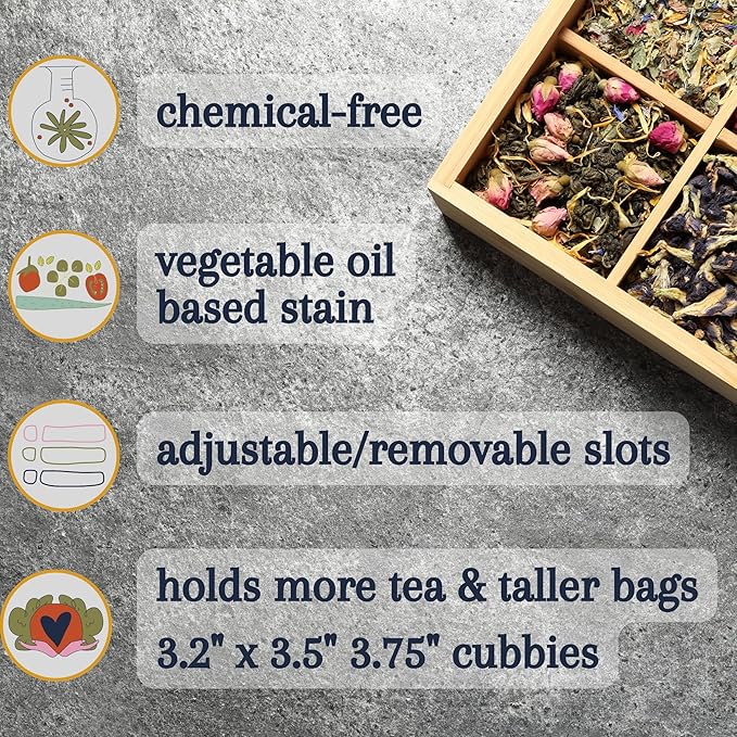 Bamboo Tea Organizer Box Chemical Free Eco-Friendly Big, Tall, Adjustable Cubbies Natural Wooden Storage Chest (4-Slot Square 7.4" x 8.1" x 4.2" with Tea Leaf Design)