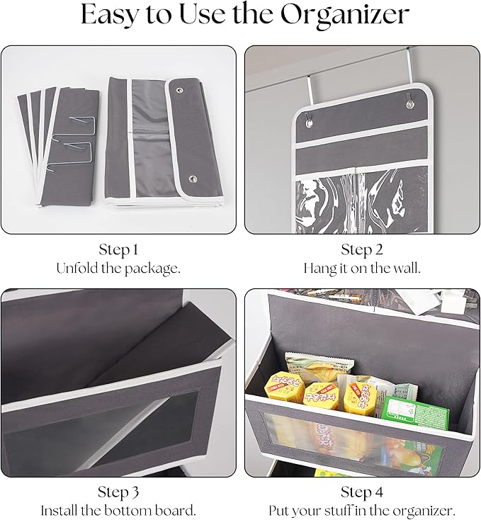Over Door Organizer with 4 Large Capacity Pockets, Hanging Organizer Storage for Closet Bathroom Nursery Bedroom Dorm, Toys Cosmetics Sundries and Baby Essentials, Gray