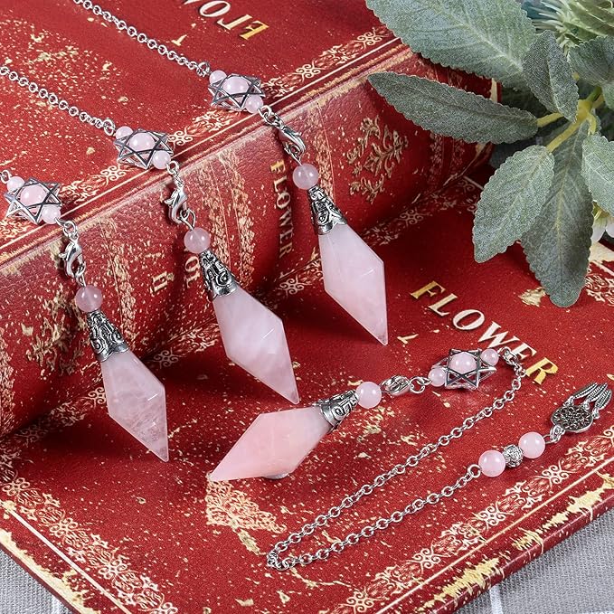 TUMBEELLUWA Reiki Healing Crystal Point Pendulum Dowsing Divination, Reiki Meditation Faceted Stone Pendant with Dream Catcher and Merkaba Star Chain, Rose Quartz