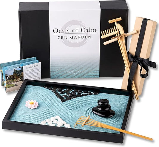 Oasis of Calm Zen Garden Kit. 11x8 Inch Beautiful Premium Japanese Decor Mini Meditation Gifts Set. Home, Office Desk Accessories. Zen Decor Sand Garden. Aqua Blue Sand, 6 Tools, 6 Features incl rocks