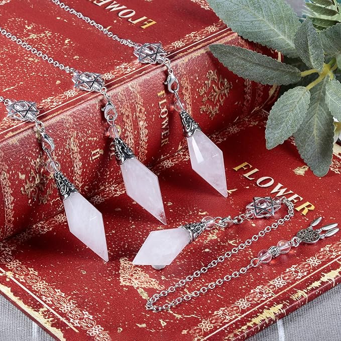 TUMBEELLUWA Reiki Healing Crystal Point Pendulum Dowsing Divination, Reiki Meditation Faceted Stone Pendant with Dream Catcher and Merkaba Star Chain, Rock Crystal
