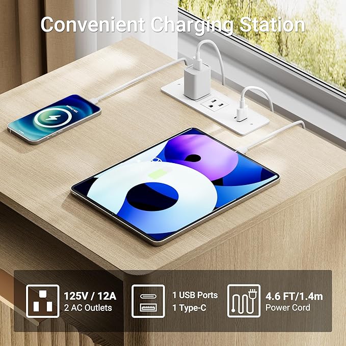 Fluted Nightstand with Charging Station, 18" Modern Farmhouse Night Stand, 2 Drawers End Table with Storage, Bedside Table for Bedroom Sofa Home Office, Curved Profile Design (Natural Oak)