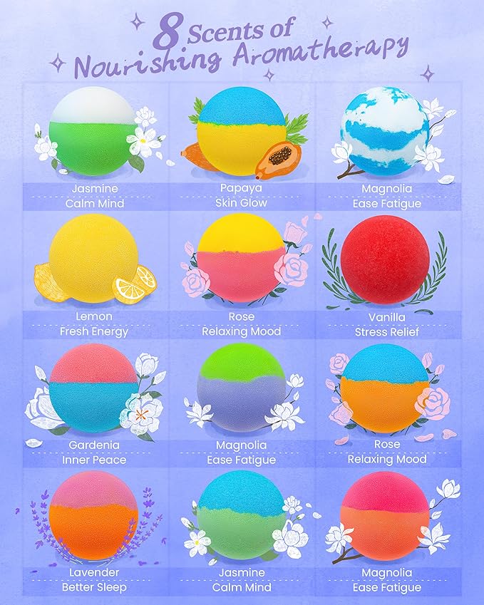 Hemp Oil Bath Bombs Gift Set, 24 Pack Natural Bubble Bath Spa Kit with Pure Essential Oils, Refreshing & Relaxing Bath Gift for Birthday, Mother’s Day & Valentine’s Day