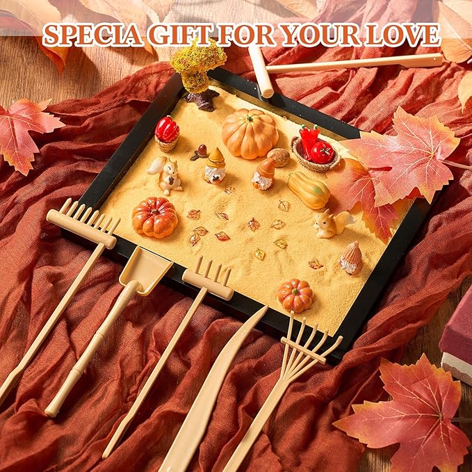 Soulchen Zen Garden Kit for Desk Decor Christmas Sand Zen Garden Gifts Mini Sandbox Set with Black Wooden Tray, Sand, Tools & Accessories Japanese Gifts for Meditation Room Office Home(Fall)