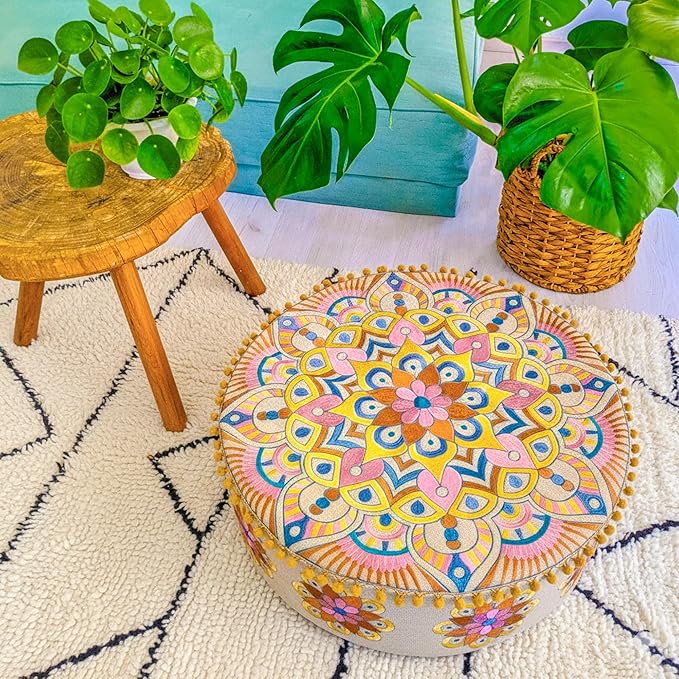 Modern Round Floor Cushion Cover Flower Room Décor Boho Furniture Round Floor Pillow Pouf Footstool Boho Chic Siting Area Stool Cushion Case Luxury Kids Room Décor Cotton 24x8 Unstuffed