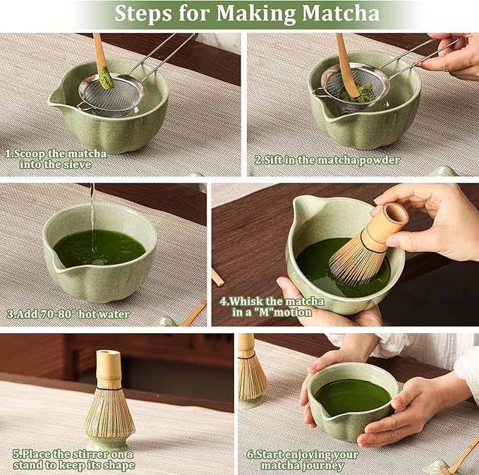 Matcha Set, 7 Pcs Mottled Green Matcha Whisk Set - Include Ceramic Petal Matcha Bowl with Spout, Bamboo Whisk, Chasen Holder, Sifter, Scoop, Tea Towel, Scoop Rest - Matcha Making Kit for Tea Lover
