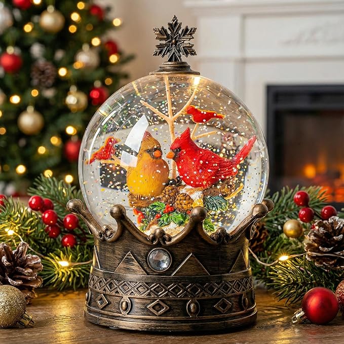 Cardinal Christmas Snow Globe, Lighted 2 Cardinal Musical Water Lantern with Swirling Glitter, Christmas Holiday Party Gifts and Decorations