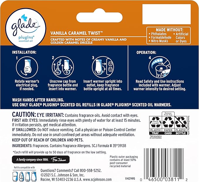 Glade PlugIns Refills Air Freshener, Scented and Essential Oils for Home and Bathroom, Vanilla Caramel Twist, 3.35 Fl Oz, 5 Count