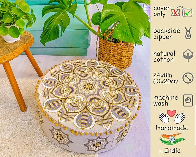 Mandala Life ART Moroccan Floor Pillow Cover Blue Gold Bohemian Décor Pouf Ottoman Latge Round Yoga Floor Cushion Luxury Kids Room Décor Boho Living Room Moroccan Floor Pillow Cotton 24x8 Unstuffed
