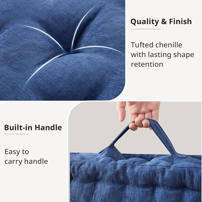 Intelligent Design Large Floor Pillow for Adults Yoga or Meditation Cushion with Handle, Floor Cushion for Board Games, Lustrous Chenille Tufted, Handsewn Scalloped Edge, Azza, 24" x 24" x 5" Navy