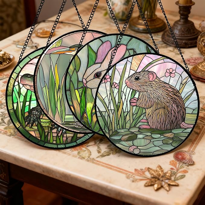 Stained Glass Window Hanging 4 Pcs Set Cute Animal 7.8"- Green Plant Pink Suncatcher Door Garden Sun Catcher Decor Birthday Christmas for Mom Woman Nana Men Friend