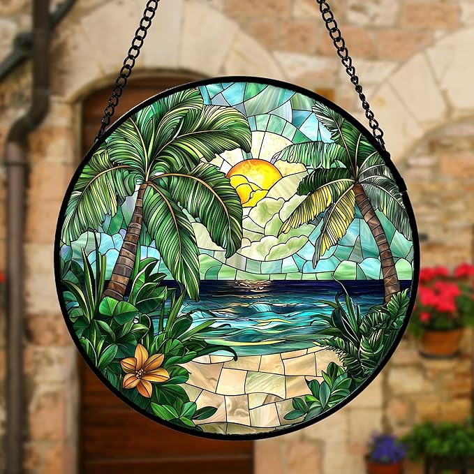 Stained Glass Window Hanging, Green Beach Scenery Suncatcher Diamond Glass Panel Hangings Sun Catchers Decor for Birthday for Women, Men, Wife, Aunt, and Mom 7.8 in