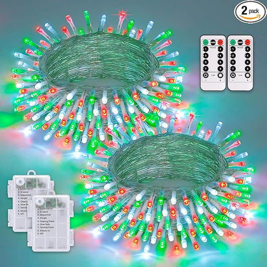 JMEXSUSS 2 Pack Red White and Green Christmas Lights Battery Operated, Each 33ft 100 LED Battery String Lights with Remote, Christmas String Lights for Tree Bedroom Porch Garland Yard Xms Decor