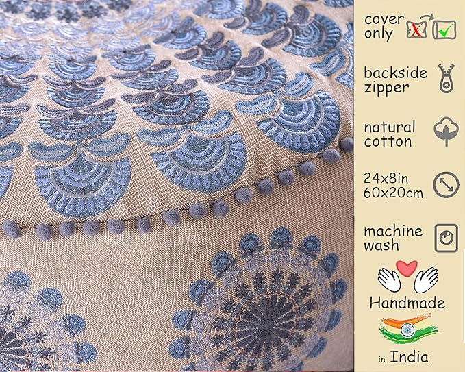 Large Round Floor Pillow Cover Blue Indian Décorative Accent Meditation Cushion Perfect for Living Room, Bedroom, Nursary or Children Room Seating Area Stool Footstool Pouf Ottoman 24x8 Unstuffed