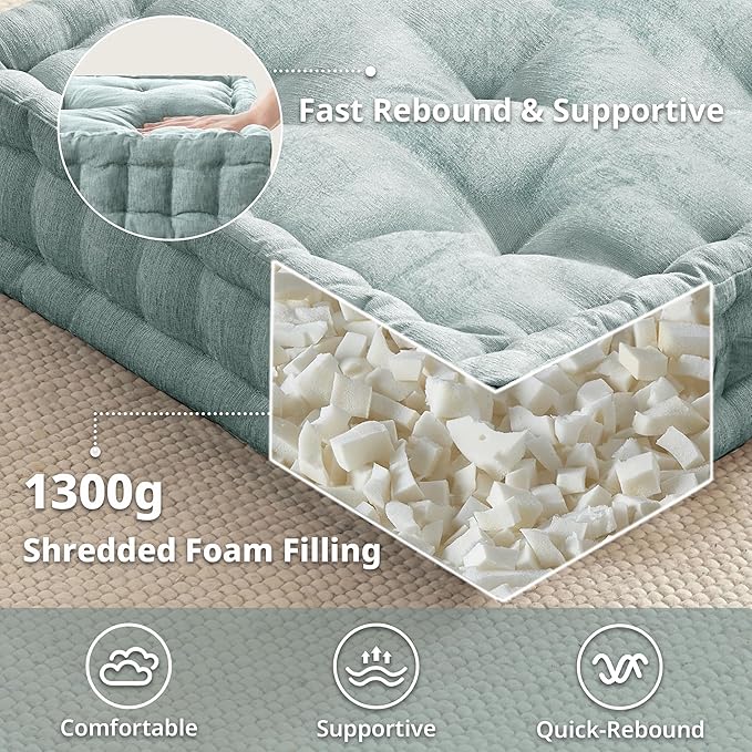 Intelligent Design Large Floor Pillow for Adults Yoga or Meditation Cushion with Handle, Floor Cushion for Board Games, Lustrous Chenille Tufted, Handsewn Scalloped Edge, Azza, 24" x 24" x 5" Aqua