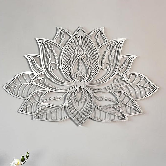 Colorfull Worlds Mandala Metal Wall Decor, Lotus Flower Meditation Room Decor, Minimalist Zen Garden Bohemian Gift for New Year (17" x 11" | 43 x 27.5 cm, Silver)