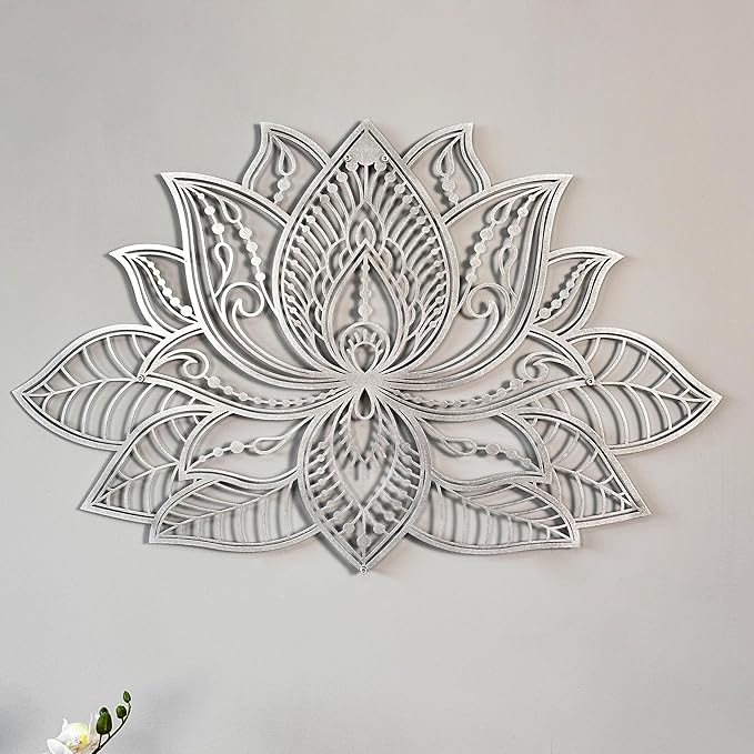 Colorfull Worlds Mandala Metal Wall Decor, Lotus Flower Meditation Room Decor, Minimalist Zen Garden Bohemian Gift for New Year (36" x 23" | 91 x 59 cm, Silver)