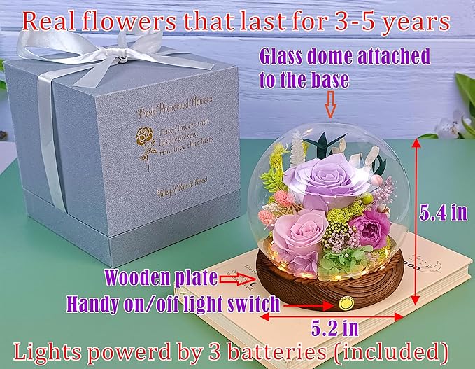 Valley of Rain & Forest Long-Lasting Real Flowers, Unique Floral Gift For you to send Love for All Occasions, for Indoor Decoration (Light-Purple Rose, Light-Pink & Purple-Pink Austin Roses)