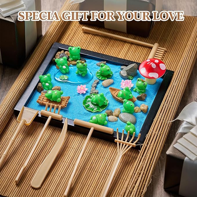 Soulchen Zen Garden Kit for Desk Decor Christmas Sand Zen Garden Gifts Mini Sandbox Set with Black Wooden Tray, Sand, Tools & Accessories Japanese Gifts for Meditation Room Office Home