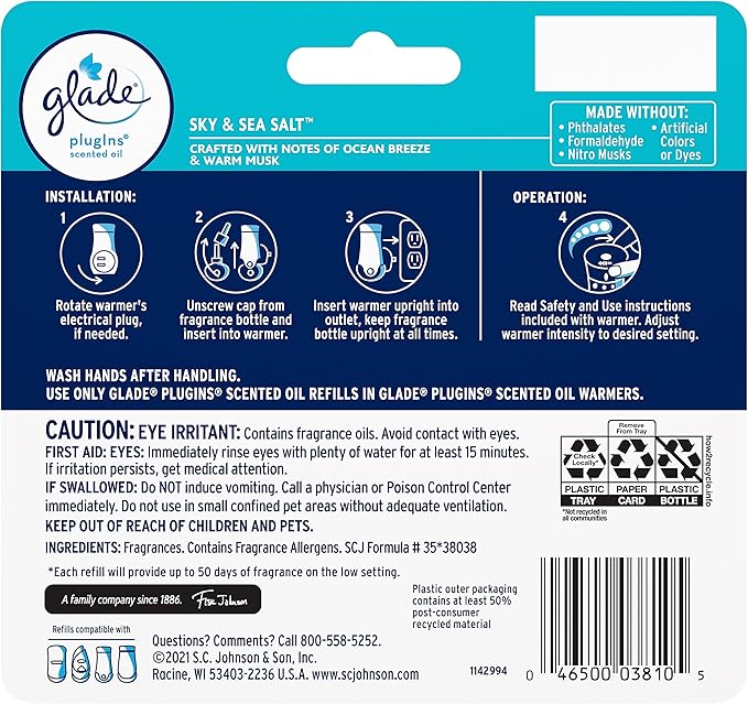Glade PlugIns Refills Air Freshener, Scented and Essential Oils for Home and Bathroom, Sky & Sea Salt, 3.35 Fl Oz, 5 Count