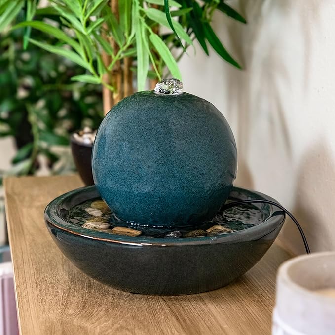 Sunnydaze Tabletop Ceramic Tabletop Fountain with Orb - Relaxing Indoor Fountain for Meditation - for Office, Bedroom, or Living Room - Teal