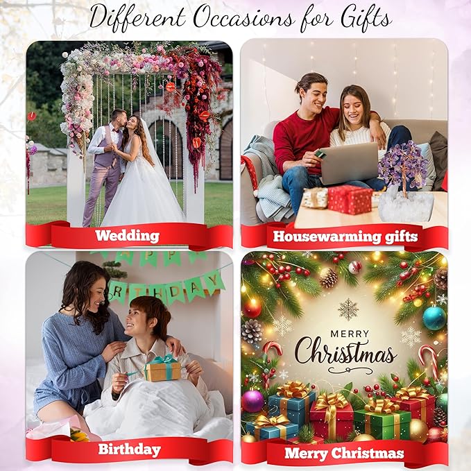 Amethyst Crystal Tree of Life with White Aura Base – Gemstone Tree for Shelf & Home Bedroom Decor – Crystals and Healing Stones, Cute Purple Birthday Gifts & Housewarming Gifts for Women Mom Sister