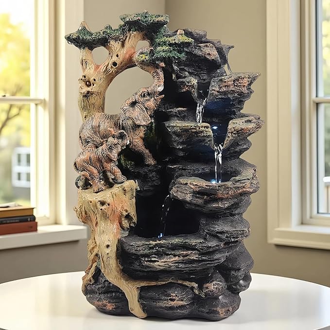 Water Fountain Indoor, Desktop Fountain Waterfall,Elephant Sculpture Layered LED Lighting. Indoor Office and Home Decorations Suitable for Creating a Peaceful Atmosphere.