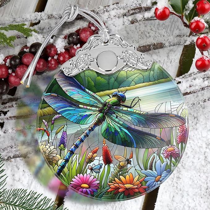 Dragonfly Stained Glass Christmas Ornament - Holiday Tree Decoration, Home Decor, Gift Idea With Wildflower Design