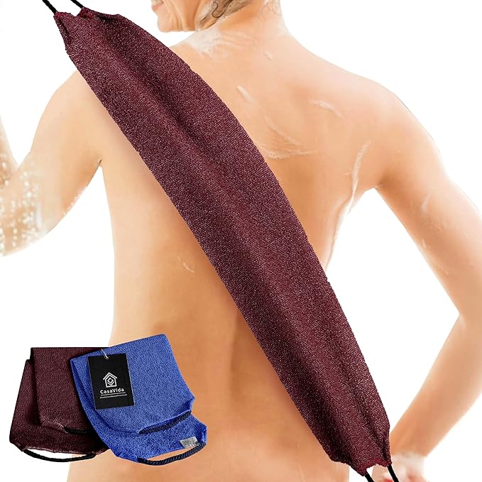 CASAVIDA Back Scrubber for Shower Nylon Bath Towel Washer Exfoliating Washcloth Rear Japanese Stretchable Strap Wash Cloth Body Exfoliation 2 Pack (Jean Blue + Wine Red)
