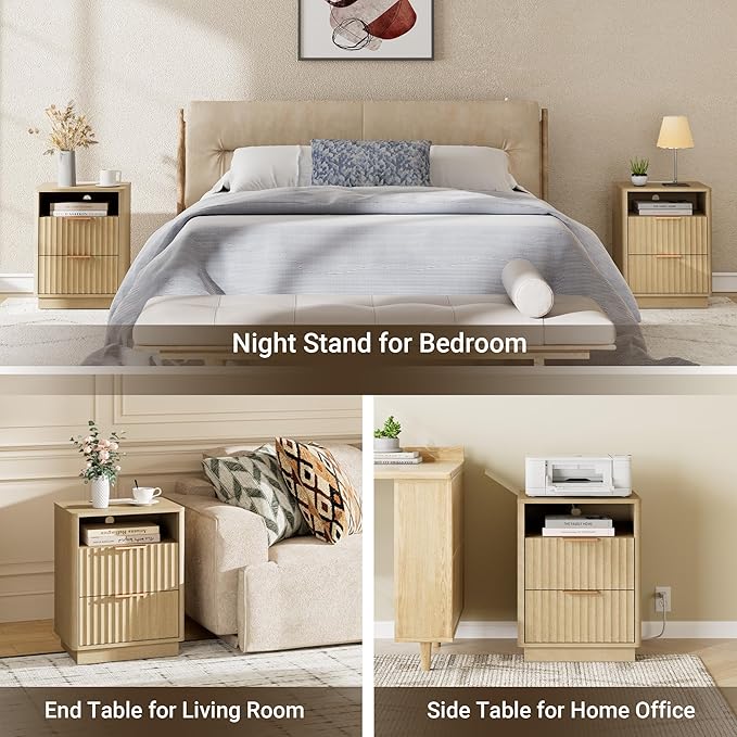 Fluted Nightstand Set of 2 with Charging Station, 18" Modern Farmhouse Night Stand, 2 Drawers End Table with Storage, Bedside Table for Bedroom Home Office, Curved Profile (Natural Oak)