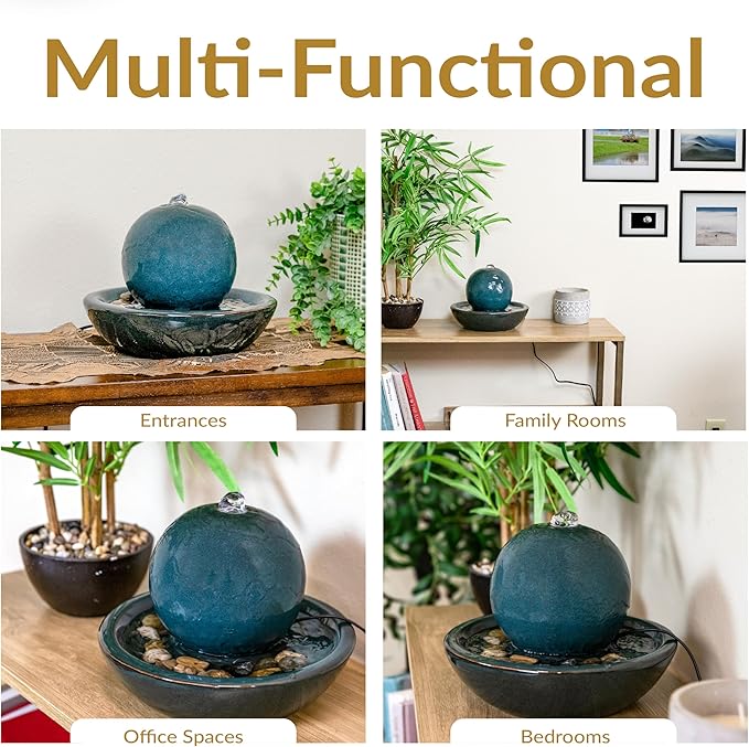 Sunnydaze Tabletop Ceramic Tabletop Fountain with Orb - Relaxing Indoor Fountain for Meditation - for Office, Bedroom, or Living Room - Teal