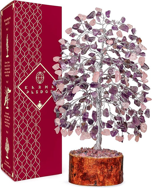 KARMAPLEDGE Chakra Healing Crystal Tree of Life for Birthday Gifts for Women, Home and Office Decor for Positive Energy & Good Luck, Spiritual Gifts, Feng Shui Money Trees (Rose, Amethyst Dual Beads)