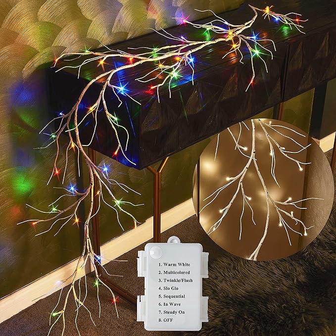 Hairui Lighted Birch Garland Battery Operated with 8 Function 48 Warm White and Multi Color Lights 6FT, Pre Lit Garland for Fireplace Christmas Holiday Decoration Indoor Outdoor
