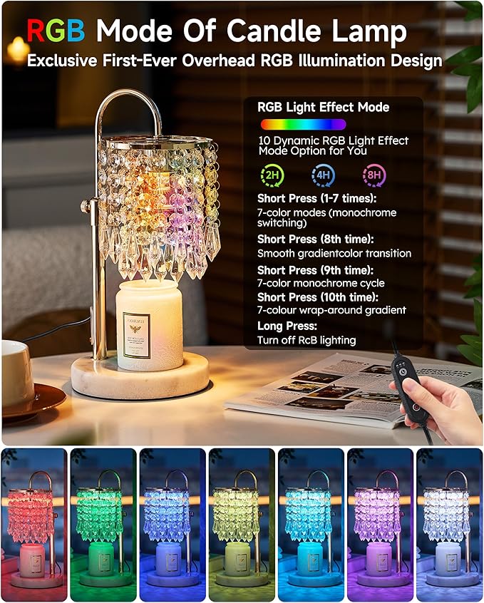 Candle Warmer Lamp with Timer Dimmer and 3 Bulbs, Candle Lamp Warmer with RGB Mode for Adjustable Height, Crystal Candle Lamp for Jar Candles, House Warming Gifts Home Room Decor, French Gold