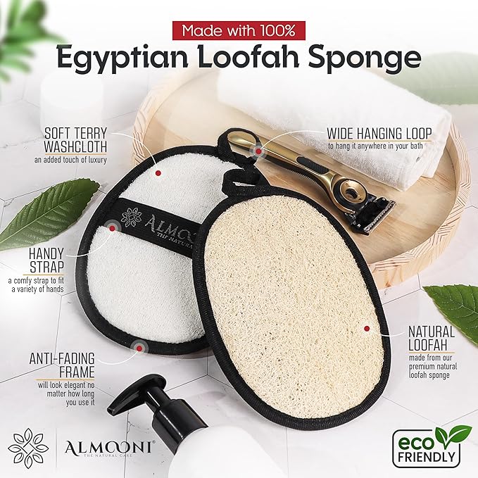 Sturdy Natural Loofah for Men, The Ultimate Men's Loofah Body Scrubber Made with Natural Egyptian Shower luffa Sponge, Bath Shower Sponge lufas for Men - 2 Count (1 Pack) - Black