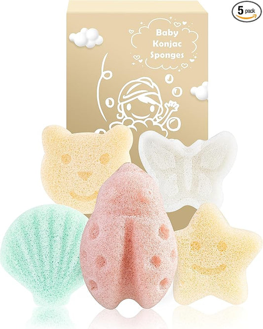 MoHern Konjac Baby Sponge for Bathing, 5Pcs Natural Cute Shapes, Kids Bath sponges for Infants, Toddler Bath time, Plant-Based, Extra Soft