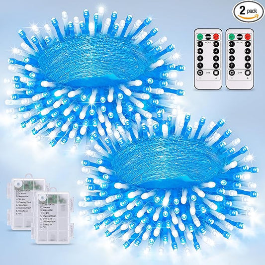 JMEXSUSS 2 Pack Blue and White Battery String Lights, Each 33ft 100 LED Battery Powered Christmas Lights with Remote for Outside Party Birthday