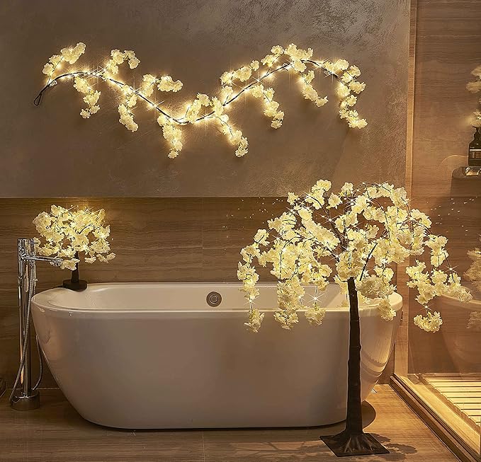 Hairui Cherry Blossom 96 LED Fairy Lights 6FT Garland, White, Battery Operated with Timer for Indoor/Outdoor Decor