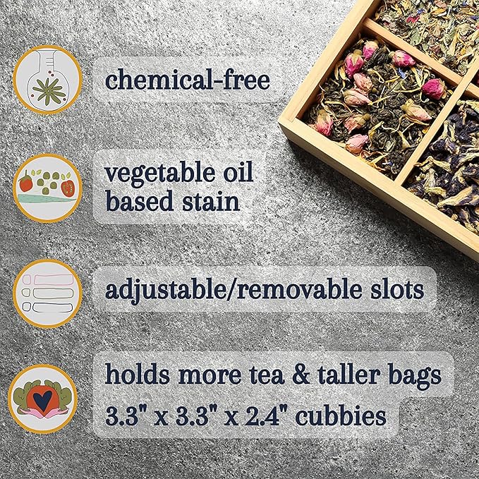 Tea Organizer Box Food Safe Chemical Free Bamboo Wood Storage Chest Big, Tall, Adjustable Cubbies (8-Slot 14.3" x 8.1" x 4.2" with TEA print design)