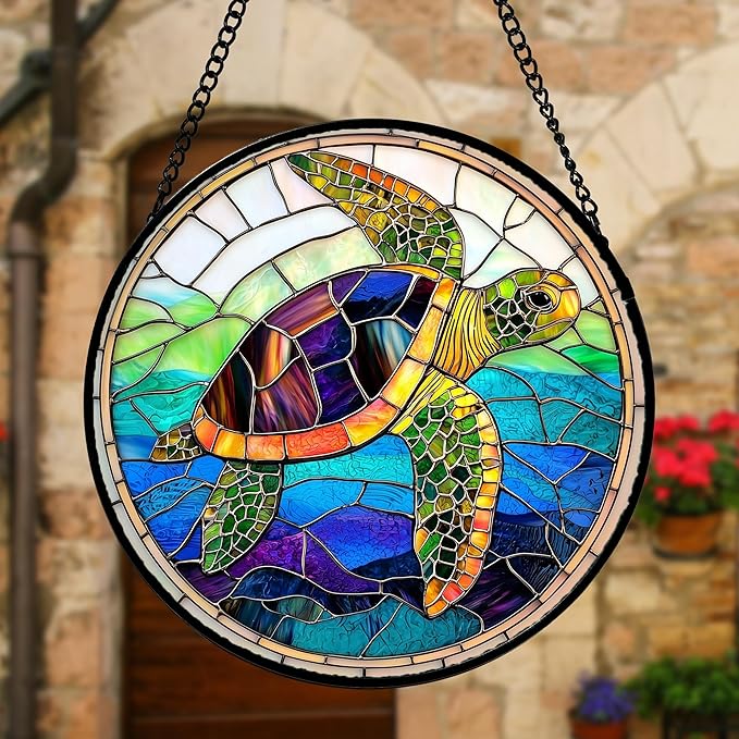Stained Glass Window Hanging, Colored Turtle Ocean Suncatcher Diamond Glass Panel Hangings Marine Life Sun Catchers Decor for Birthday for Women, Men, Wife, Aunt, Mom 7.8 in