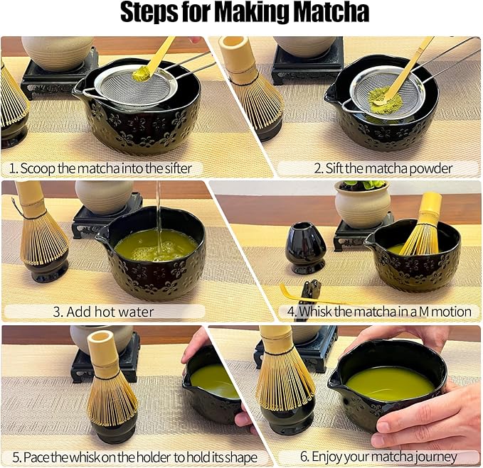 APLSTOW Matcha Whisk Set - Traditional Japanese Handmade Bamboo Matcha Whisk and Holder, Matcha Bowl,Bamboo Scoop, Scoop Rest, Sifter and Tea Towel (Black)