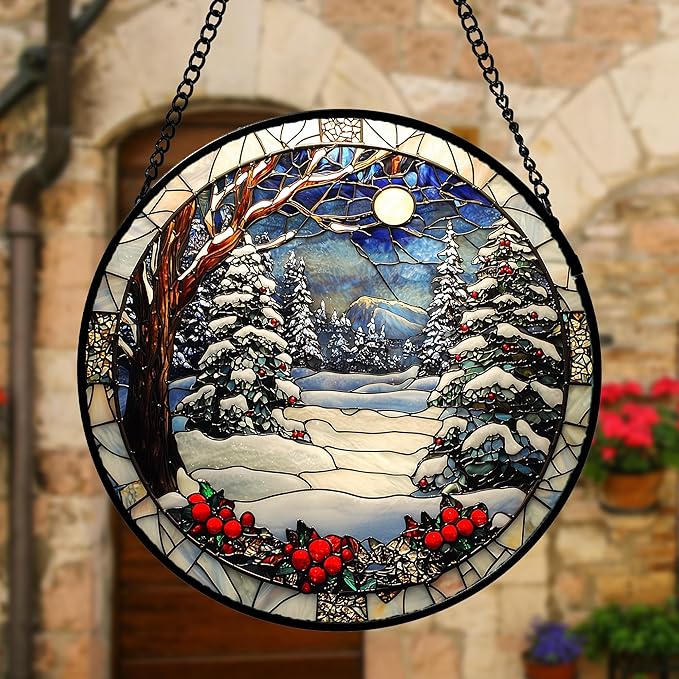 Stained Glass Window Hanging Christmas Tree Winter Snow Night Scenery 6.3" - Suncatcher Door Garden Kitchen Sun Catcher Home Decor Birthday for Mom Men Woman Friend