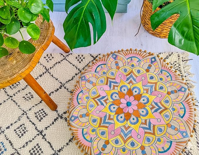 Modern Round Floor Cushion Cover Flower Room Décor Boho Furniture Round Floor Pillow Pouf Footstool Boho Chic Siting Area Stool Cushion Case Luxury Kids Room Décor Cotton 24x8 Unstuffed