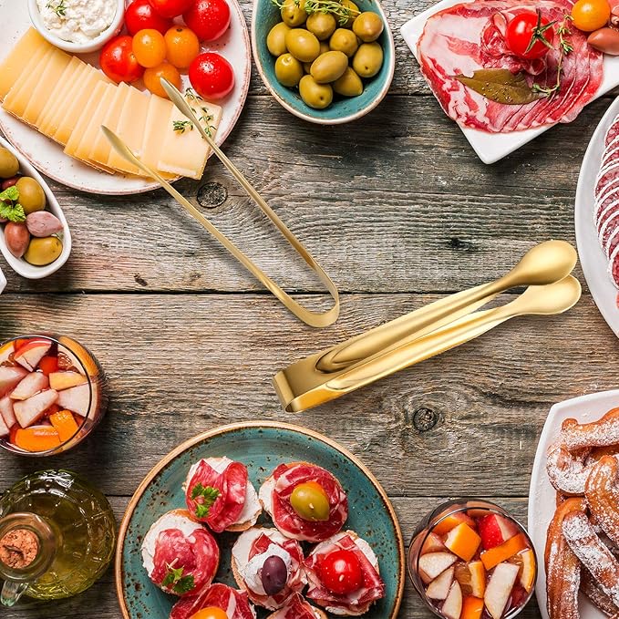 Gejoy 12 Pieces Mini Tongs Stainless Steel Small Sugar Serving Tongs for Charcuterie Board Appetizers Dessert Serving Food Tiny Party Danish Candy(6 Inch,Gold)