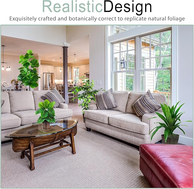 LCG Florals- Set of 4 Ficus Trees in Copper Metal Pots with Real-Wood Trunks - Indoor and Outdoor Faux Plants for Patio, Living Rooms, Offices & Kitchens