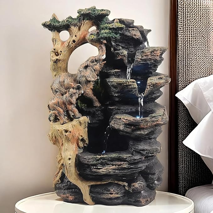Water Fountain Indoor, Desktop Fountain Waterfall,Elephant Sculpture Layered LED Lighting. Indoor Office and Home Decorations Suitable for Creating a Peaceful Atmosphere.